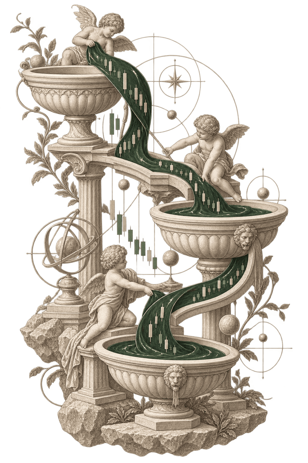 A cherub-tended marble fountain cascade, candlestick-marked green ribbons of capital flowing between three basins