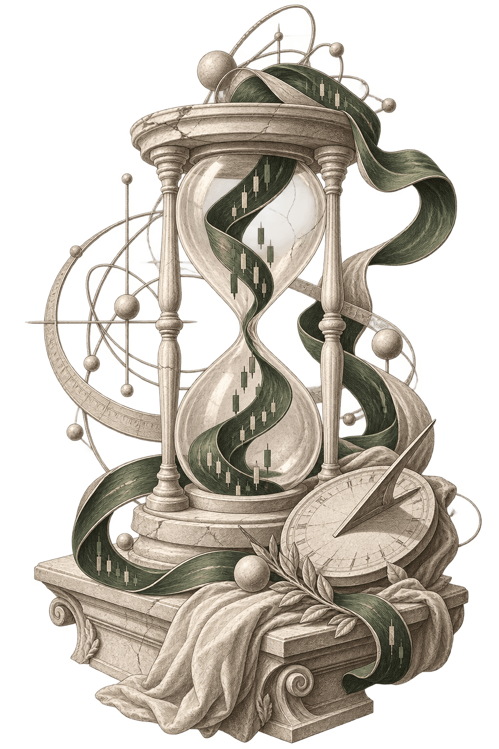 A cracked marble hourglass with candlestick-marked green ribbon frozen mid-fall, beside a sundial